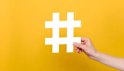A hand holds a large white hashtag symbol against a vibrant yellow background