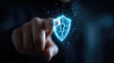 Digital shield icon activated by finger for security concept