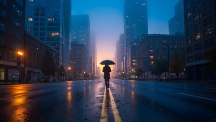 Lonely figure walking under umbrella on rainy city street at dusk