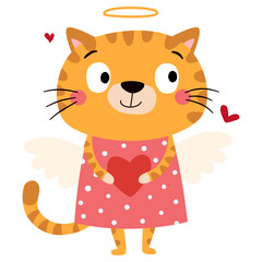 A cute cat cupid with wings in a sweater is holding a heart. Flat vector illustration on the theme of Valentine's Day. Vector illustration