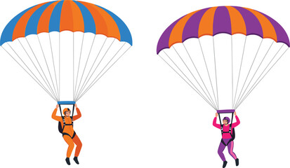 Skydivers descending with colorful parachutes, wearing gear and jumpsuits in a dynamic outdoor adventure sports vector illustration © MdRazaul