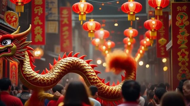 Vibrant dragon dance performance in a crowded street festival with traditional lanterns and decorations