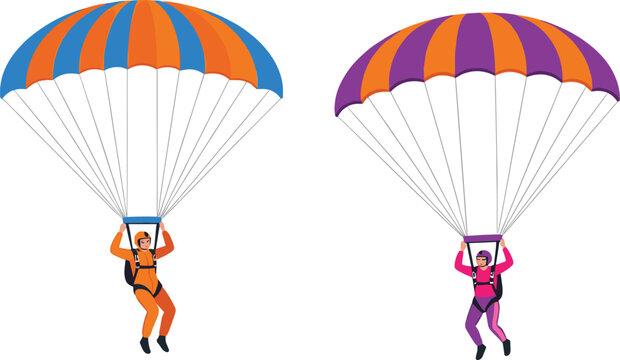 Skydivers descending with colorful parachutes, wearing gear and jumpsuits in a dynamic outdoor adventure sports vector illustration