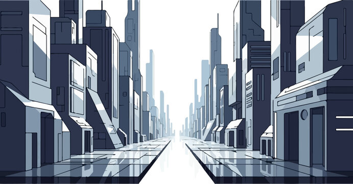 Futuristic cityscape with towering geometric buildings and a reflective street