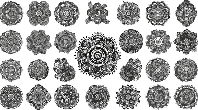 Intricate floral mandala patterns in monochrome, displayed in a grid