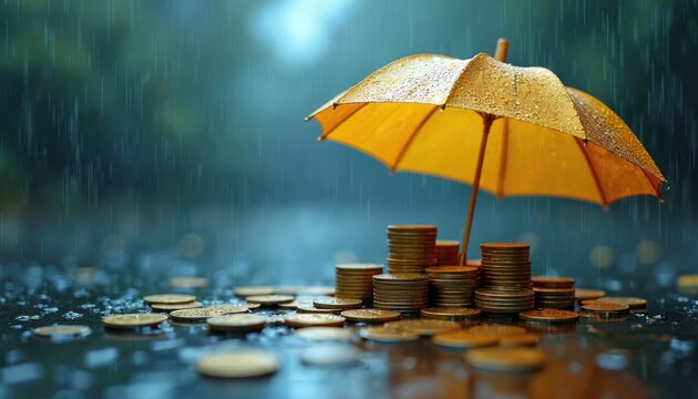 Gold coins stack under yellow umbrella in rain. Money savings protection in economic downturn. Symbol of safety business financial investment. Concept of risk management. Insurance covers money