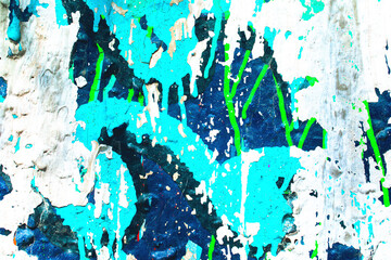 Abstract peeling paint texture in turquoise, blue, white with neon green lines. Grunge, distressed style with 90s, Y2K vibe. Background, texture, digital art, web, flyer, banner.