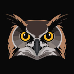 Fototapeta premium Detailed illustration of a majestic owl face with large yellow eyes and sharp features against a solid black background at night.
