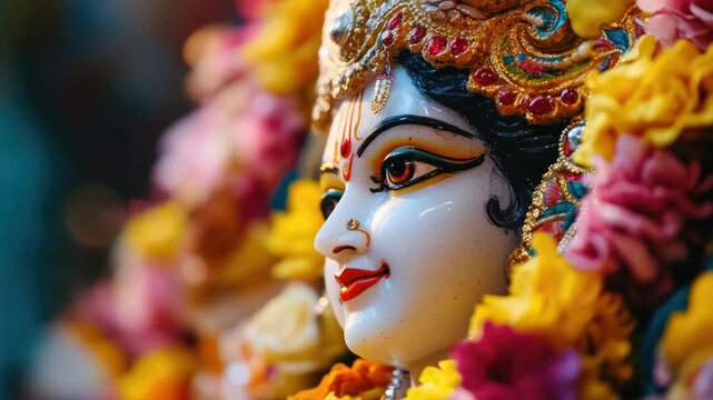 Decorative face art, a representation of the Hindu goddess. Adorned with colorful flowers and cultural symbols to honor religious traditions.