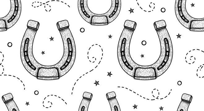 Vintage horseshoe pattern with stars, dotted swirls, and rustic engraved details in classic black and white hand-drawn vector illustration