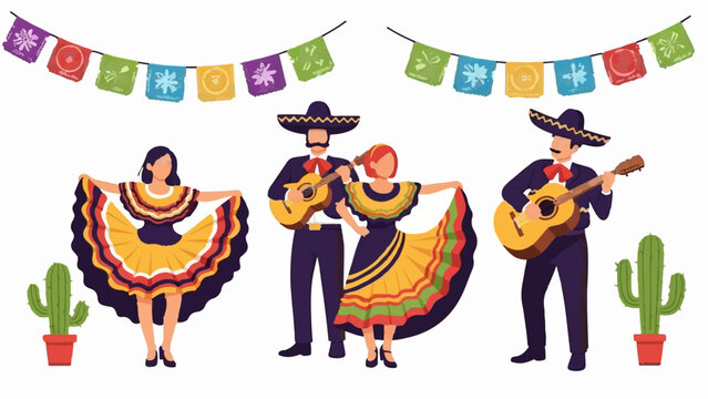 Festive Mexican dancers and musicians under colorful paper flags with cacti