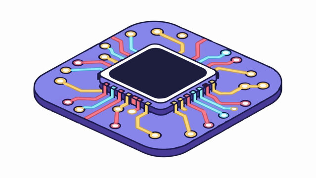 Isometric illustration of a central processing unit on a purple circuit board with colorful pathways