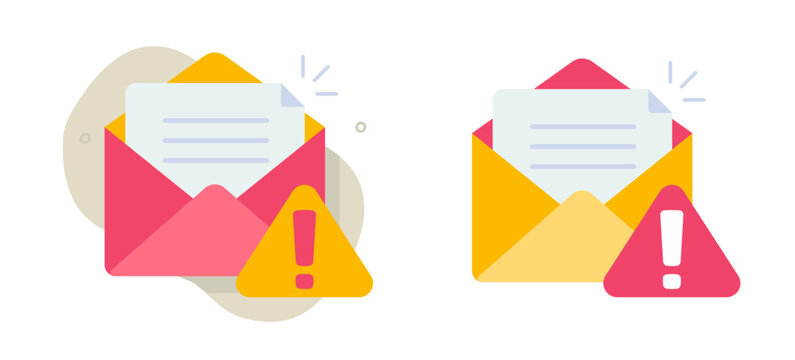 Email message spam warning alert icon, security phishing envelope web letter scam caution notification vector simple flat illustration set, cyber fraud mail threat attention, malware protection - Powered by Adobe