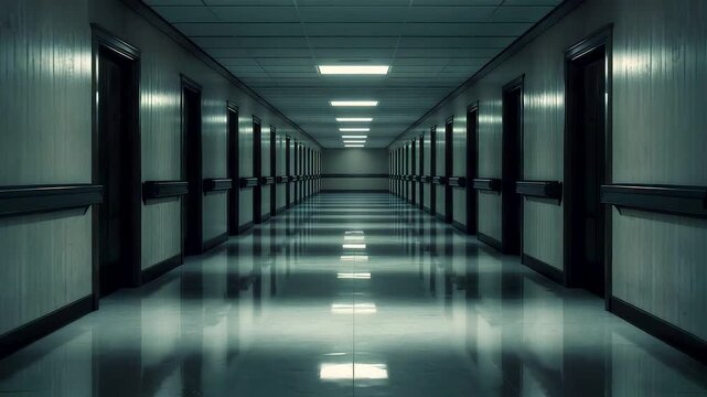 Long empty hospital corridor with glossy floor closed doors ceiling lights and strong linear perspective