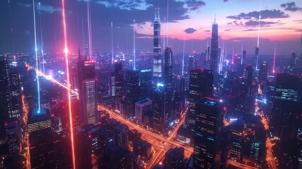 Futuristic Cityscape with Data Streams and Neon Lights. - Powered by Adobe