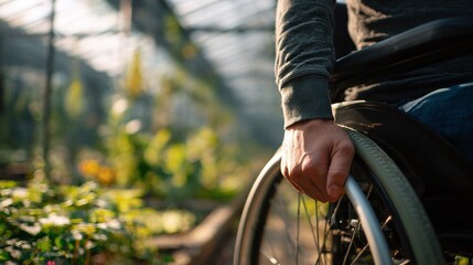Close up of a man's hand on the wheel of a wheelchair in a garden, focusing on accessibility and inclusion in nature. A symbol of resilience and enjoying the outdoors.