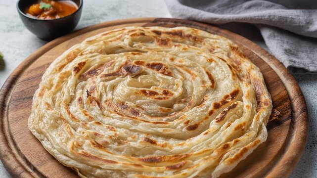 Slow dolly push-in of a golden flaky Paratha bread on a wooden board, focusing on the folded texture with curry in background, traditional Indian food 4k.
