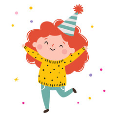 A cute girl wearing a birthday hat is celebrating her birthday and jumping. Flat vector illustration on a white background. . Vector illustration