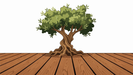 Gnarly tree with lush green foliage stands on a rustic wooden deck © Nani