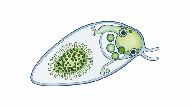 Microscopic organism with internal green structures and two-lobed body