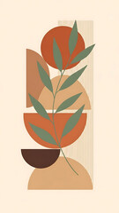 Modern abstract botanical illustration featuring layered leaves and geometric shapes in warm earth tones, suitable for contemporary interior decor.