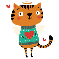 A cute cat cupid with wings in a sweater is holding a heart. Flat vector illustration on the theme of Valentine's Day. Vector illustration