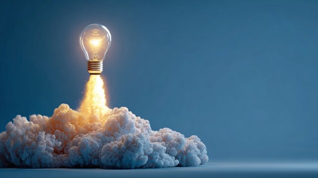 Igniting innovation with a bright idea taking off like a rocket. The spark of creativity propels us forward, illuminating the path to success with imagination and energy.