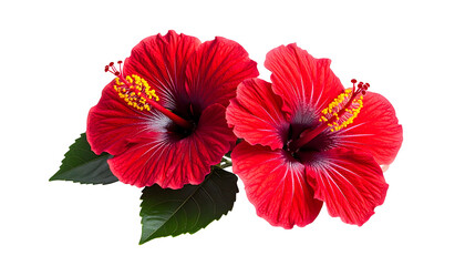 Vibrant Red Hibiscus Flowers with Green Leaves Isolated on Black Background