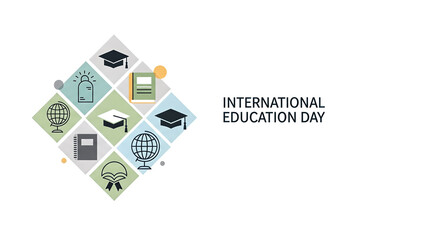 Celebrating International Education Day with icons representing learning and global knowledge