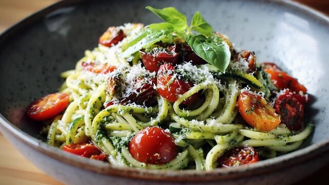Zucchini noodles (zoodles) tossed in vibrant green pesto sauce with roasted cherry tomatoes, parmesan cheese, fresh basil, served in gray bowl on wood