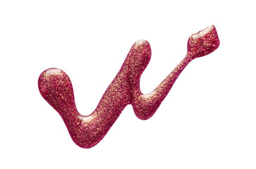 A sample of red nail polish with a shimmer and metallic effect. Isolated on a white background