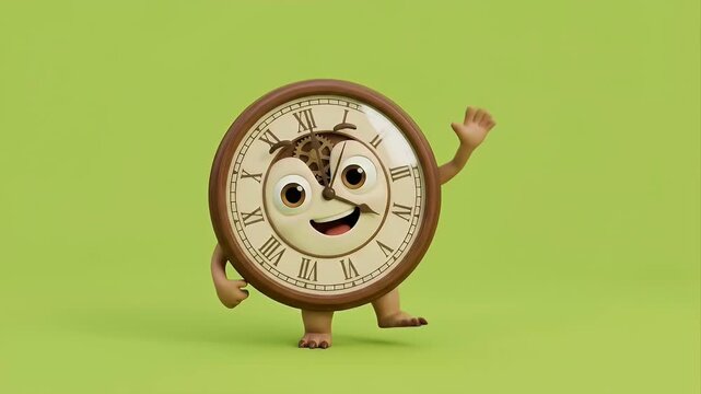Animated Clock Character on Green Background: Time Management Concept.