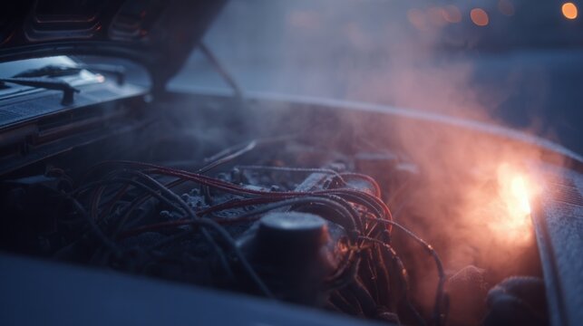 frosty engine bay of a real car at dawn, spark plug wires visible, cold air vapor rising, cinematic winter lighting