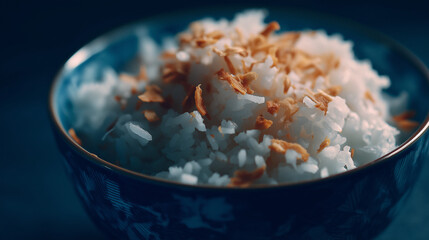 Nasi lemak bowl, coconut rice, glossy rice texture close-up