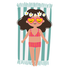 A cute girl wearing sunglasses is lying on a towel and sunbathing. Flat vector illustration in a simple children's style. . Vector illustration