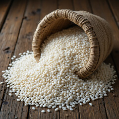Rice Spilling from Burlap Sack on Wooden Surface