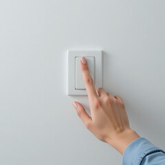 A finger presses a white plastic light switch on a home wall to control electric power and save energy by turning the technology on or off