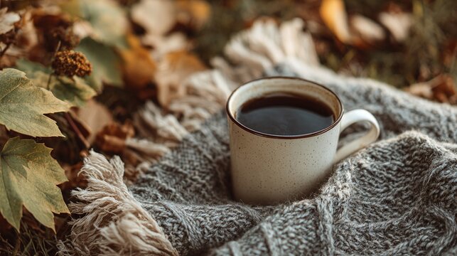 A warm mug of coffee sits nestled on a cozy grey blanket amidst the beauty of falling leaves. It's the perfect autumn scene for relaxation and simple pleasures.