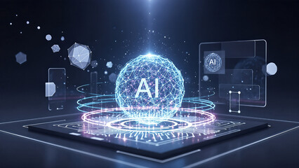 Artificial Intelligence Processing on Microchip Circuit Board with Neon Lights