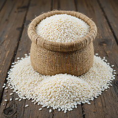 Raw Rice Grains in Burlap Sack on Wooden Table