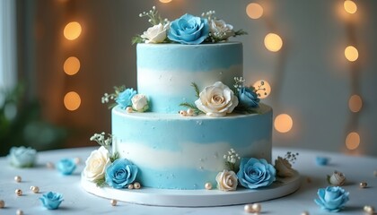 Elegant two tier wedding cake in soft blue and white hues, adorned with delicate sugar roses and pearls. Perfect for celebrations, events, or wedding themes.
