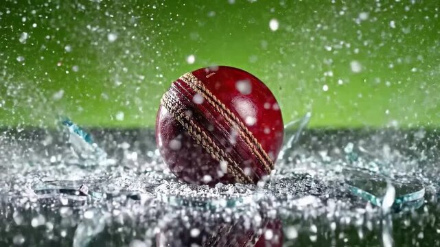 Dynamic shot of a red cricket ball shattering glass on a reflective surface.