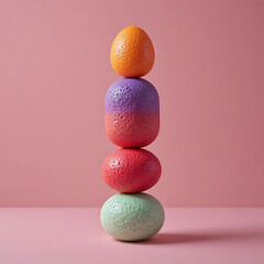 Balanced Stack of Colorful Stones on Pink Background