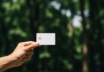 Blank white smart card mockup held by a hand outdoors, featuring a golden EMV chip against a lush green bokeh background, ideal for digital banking, contactless payment, and nature technology concepts