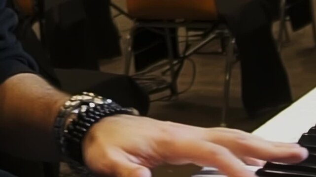 Musician plays synthesizer rehearsing performance on stage. Pianist presses keys and plays piece repeating melody before special concert