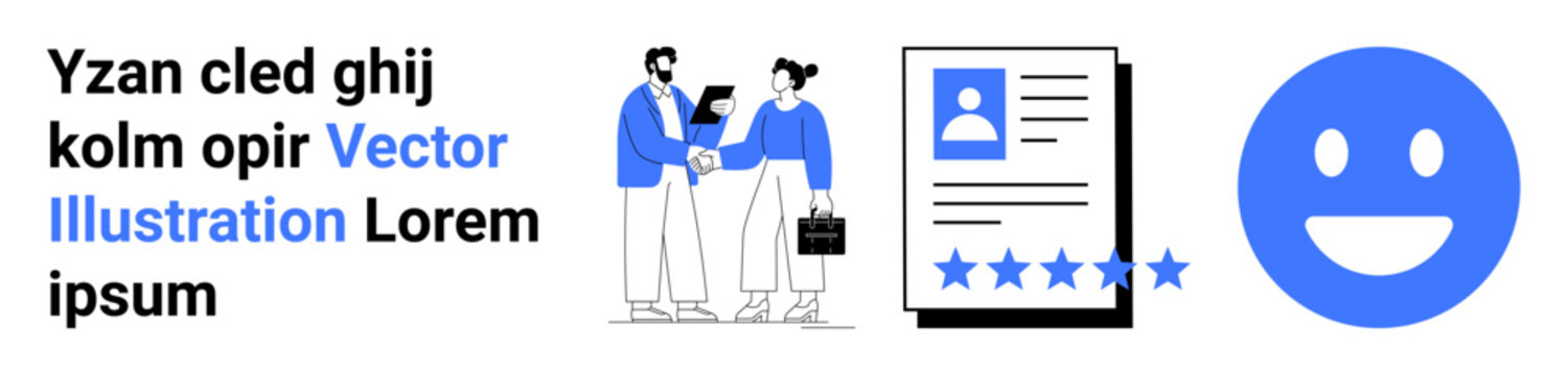 Business teamwork, recruitment, feedback, customer service, success, user satisfaction. Two people shaking hands, a resume and happy face. Business teamwork and recruitment concepts