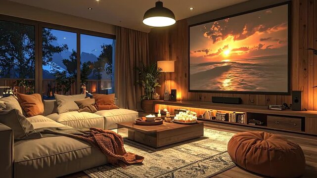 Cozy living room interior with comfortable sofa, rug, and sunset view on screen.