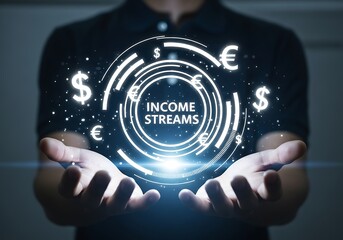 Hands projecting digital Income Streams hologram, futuristic financial technology, wealth generation concept, high-tech investment planning, maximizing business profit and long-term monetary success