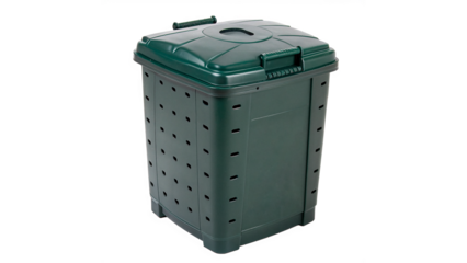 Green compost bin placed outdoors for yard waste and food scraps isolated on transparent background