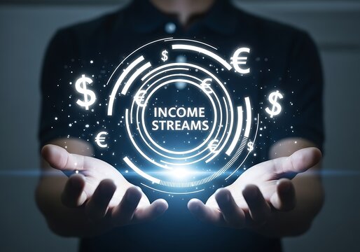 Hands projecting digital Income Streams hologram, futuristic financial technology, wealth generation concept, high-tech investment planning, maximizing business profit and long-term monetary success - Powered by Adobe